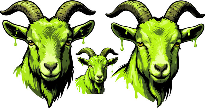 Neon green radioactive goat head vector set, toxic slime dripping ram mascot illustration, 3 pieces of mutant farm animal head graphics