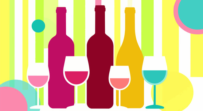Pop art wine bottle and glass vector illustration, colorful wine tasting party background, vibrant alcohol beverage silhouettes for bar menu