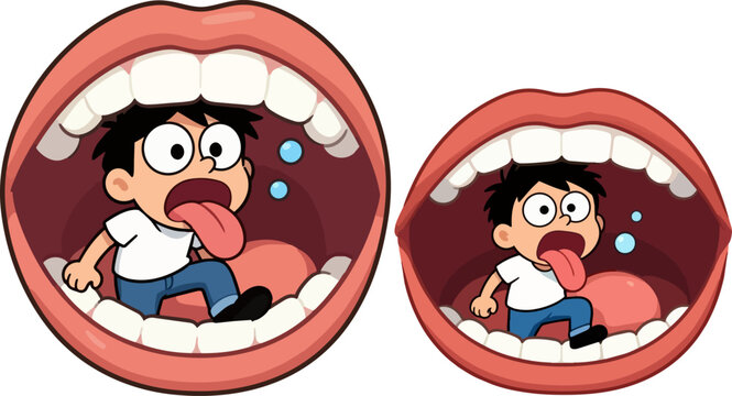Cartoon boy trapped inside giant open mouth vector, funny dental health illustration, scared child character in human mouth with teeth
