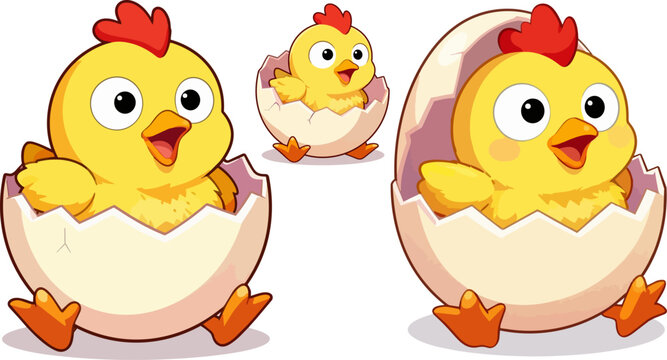 Cute baby chick hatching from egg vector set, adorable yellow cartoon chicken characters, newborn farm bird illustrations for Easter and spring