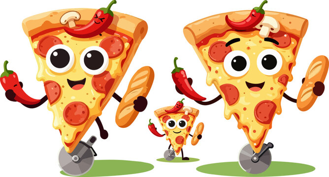 Funny pizza slice cartoon character riding a pizza cutter wheel, spicy pepperoni pizza mascot with chili pepper and breadstick, fast food delivery vector