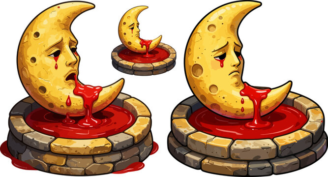 Surreal crescent moon character bleeding into stone well, dark fantasy celestial moon crying blood, macabre lunar illustration set for horror design