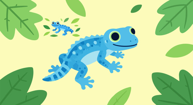 Cute blue gecko lizard vector illustration, tropical reptile character with green leaves, colorful exotic animal flat design for children