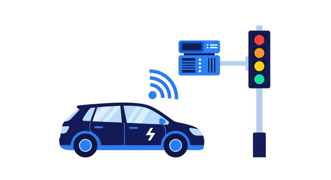 Smart Electric Car Communicating with Traffic Light and Infrastructure, V2I Technology Concept for Autonomous Vehicles and Intelligent Transportation Systems