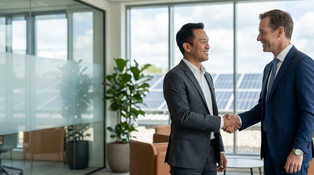 Two professional businessmen shaking hands in a modern office with solar panels in the background.