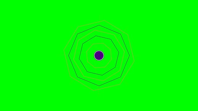 Concentric geometric octagons centered on a dark purple circle on green