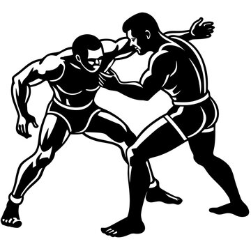 Two wrestlers in a grappling stance