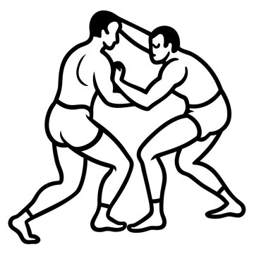 Two wrestlers in a grappling stance, black and white line art illustration