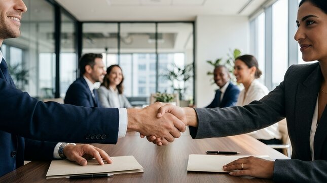 Professional business colleagues shaking hands over a meeting table in a modern office.