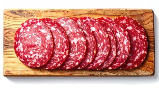 Sliced cured sausage arranged on a wooden cutting board (1)