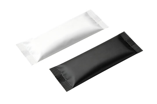 Blank sugar sachet stick mockup, white and black paper food packaging, realistic long pouch for salt or coffee creamer branding isolated on White Background ai