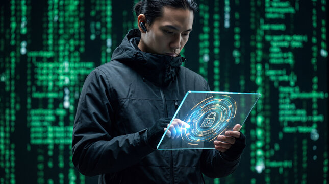 Futuristic digital security artwork showing a glowing shield and padlock against green programming code. Represents encrypted data, firewall protection, secure networks, privacy technology, and next-g
