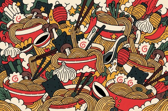 Colorful noodle and pasta doodle pattern