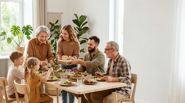 Happy multi-generational family having a delicious lunch together at home in a bright dining room.