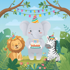 Obraz premium Jungle Safari Animal Birthday Party Vector Illustration style with cute Lion, Elephant and zebra