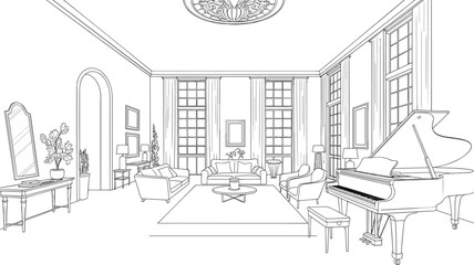 Fototapeta premium Architectural Line Art Sketch of Luxury Mansion Great Room Interior Featuring Grand Piano Lounge Area and High Archway Details