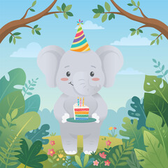 Obraz premium Jungle Safari Animal Birthday Party with Cute Elephant hold slice of birthday cake