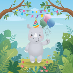 Obraz premium Jungle Safari Animal Birthday Party Vector Illustration with Cute Rhino hold balloons