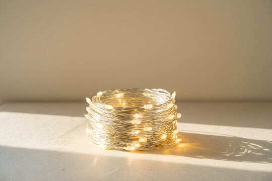 Neatly coiled warm-white decorative string lights with distinct bulbs