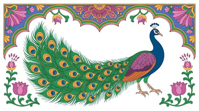 Traditional Mughal decorative garden with arch peacock seamless pattern frame for invitation