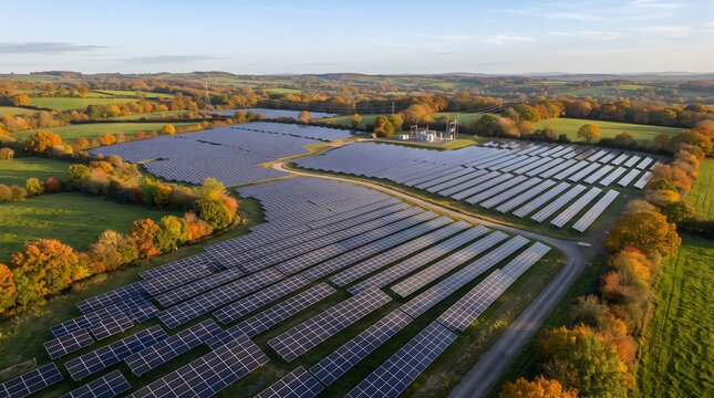 Aerial perspective of solar panel installation, blue photovoltaic modules in countryside, and green energy generation. Clean power industry photo.