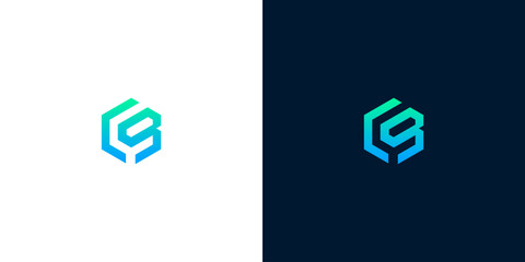 Modern geometric hexagonal letter logo design with blue and green gradient on light and dark backgrounds © anello