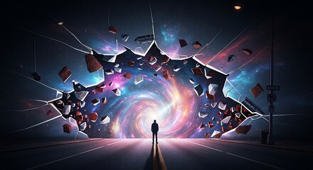 Person standing before portal universe