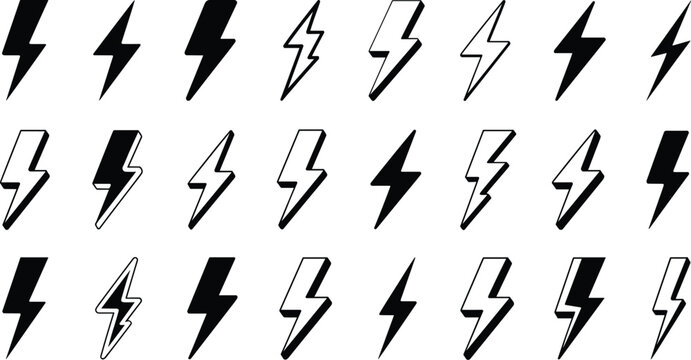 Minimalist Lightning Bolt UI Asset Kit Featuring Solid Silhouette Fine Line and 3D Beveled Pop Art Thunder Strike Graphics
