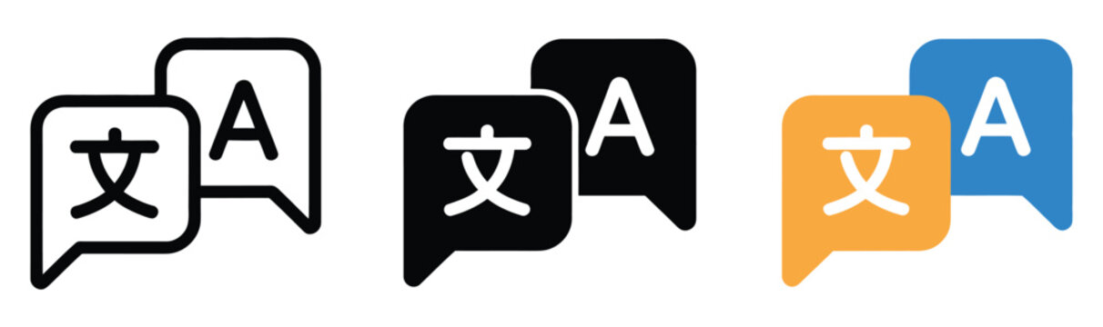 Translate icon set featuring language translation symbols for translator app, website, UI design, and transparent vector graphics