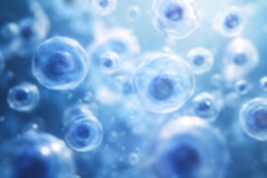 blurred medical background, 3D illustration of blue biological cells and microorganisms floating in a liquid medium, science concept