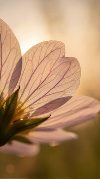 Macro close-up video of the delicate, transparent pink flower petals seen. The petals sway gently and gracefully in a soft, barely-there breeze