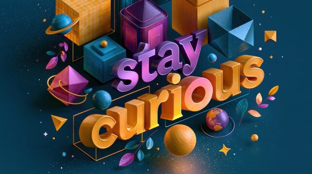 Stay curious 3D text floats among colorful geometric shapes and planets. Motivational concept for education banners.