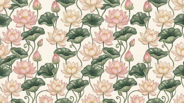 Elegant seamless pattern with pink lotus flowers and green leaves