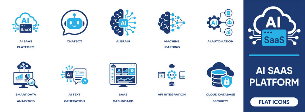 AI Saas Platform editable solid icon set. Includes symbols by chatbot, AI brain, machine learning, AI automation, data analytics, dashboard, cloud security. More virtual vector icons collection.