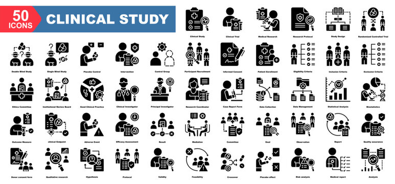 Clinical Study icon collection set.Clinical Trial,Medical Research,Research Protocol,Study Design,Randomized Controlled Trial.Flat icon collection.