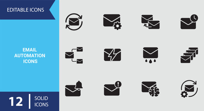Email Automation Icons Solid Bold Filled Graphics for Drip Campaign Systems and Newsletter Scheduling Tools