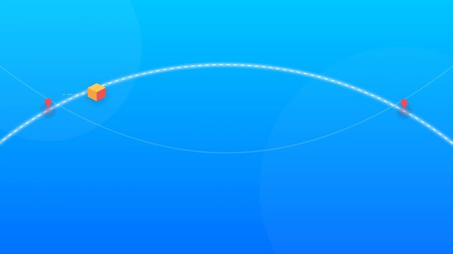 Isometric 3D orange cubes moving along a curved dashed path representing logistics and data flow on blue background