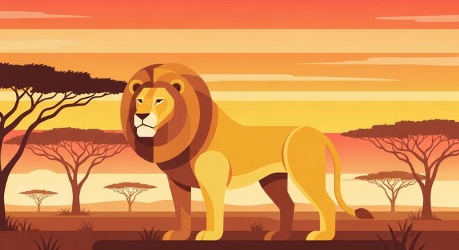 Stylized Lion in African Sunset Landscape &ndash; Travel Poster Illustration for Safari Promotion