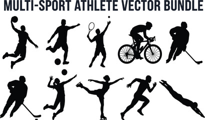 Obraz premium Dynamic Sports Silhouette Icons Featuring Athletes in Basketball, Soccer, Tennis, Cycling, Hockey, Volleyball, Running, and Swimming