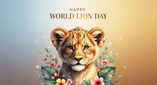 World Lion Day Floral Cub Portrait &ndash; Cute Wildlife Celebration Poster for Conservation Campaign