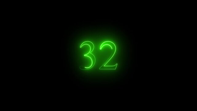 A dynamic motion and glowing neon green color  32 number countdown icon animation. educational mathematics text icon animation on black background

