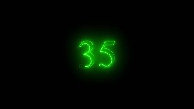 A dynamic motion and glowing neon green color 35 number countdown icon animation. educational mathematics text icon animation on black background
