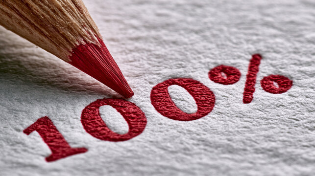 Red Pencil Writing One Hundred Percent On White Paper Surface Background

