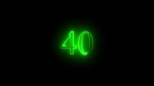A dynamic motion and glowing neon green color 40 number countdown icon animation. educational mathematics text icon animation on black background
