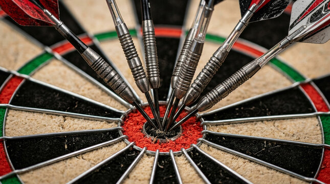 Close-up of darts in a dartboard bullseye during a game