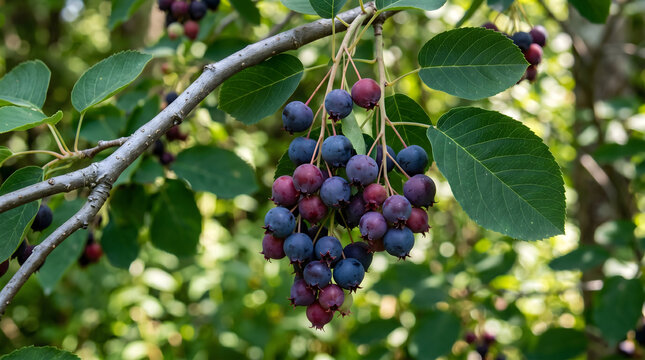 Ripe serviceberries hanging on tree branch in summer. Fresh wild berry cluster ready for harvest and culinary use.