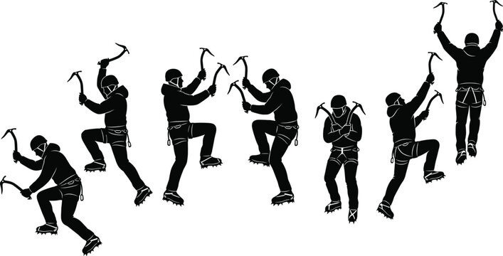 Ice, climbing, silhouettes, collection, including, mountaineers, with, axes, crampons, winter, extreme, sports, adventure, outdoor, activity, alpinism, training, poses, equipment, icons