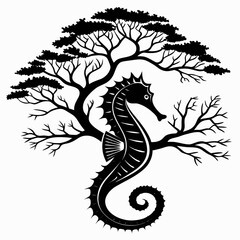 Black and white seahorse graphic under a stylized tree with seahorse illustration wildlife © Atiq