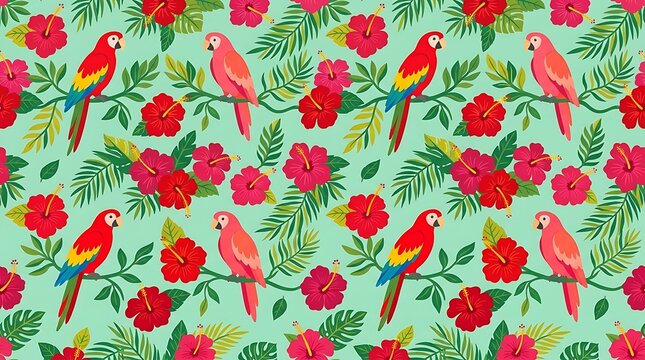 Tropical seamless pattern with red parrots and hibiscus flowers