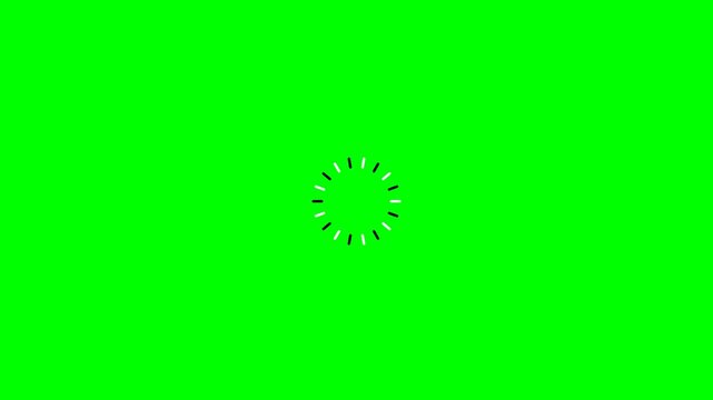 Minimalist circular loading icon composed of thin dashes on green background